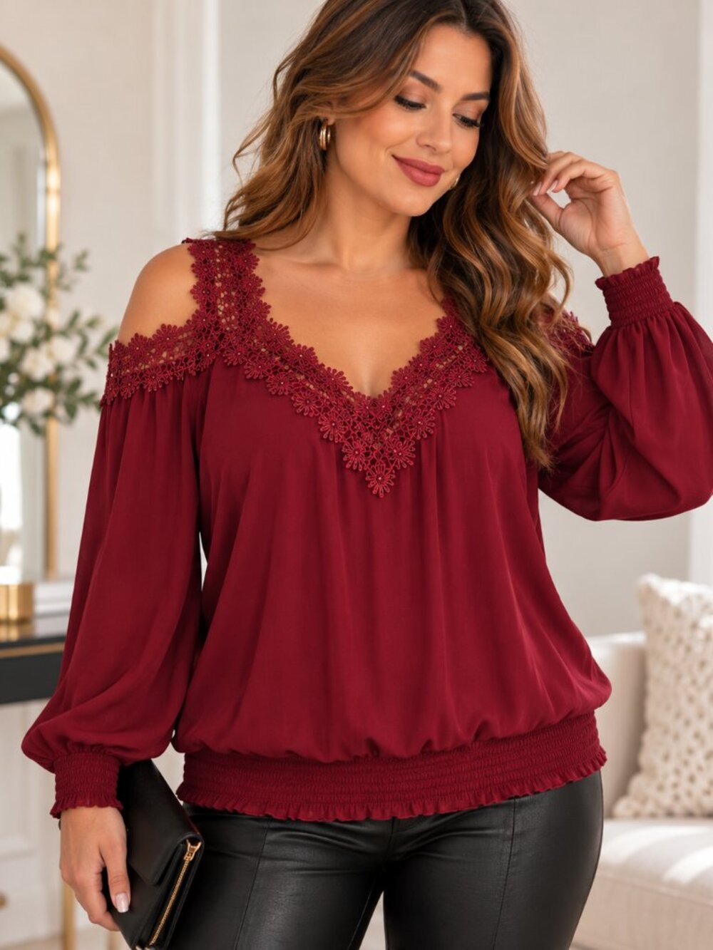 City Chic Women’s Plus Size M/18 Burgundy Lace Cold Shoulder Blouson Blouse